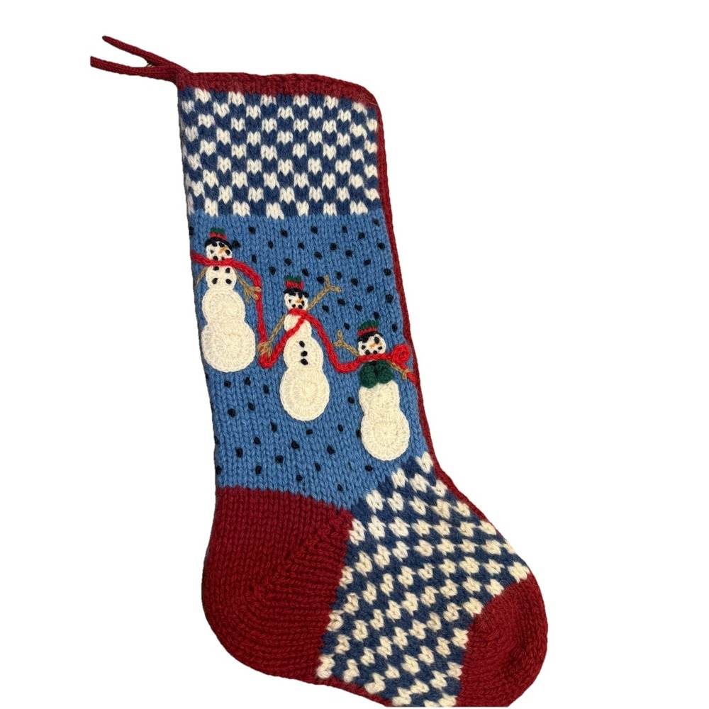 Knitted Snowman Wool Christmas Stocking Checkered 18"